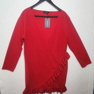 Pretty Little Thing Red Ruffle Detail Faux Wrap Mini Dress Women's Size 22.